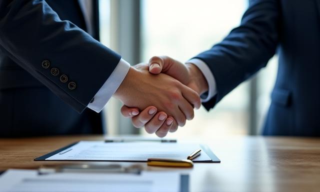 Two professionals shaking hands over a signed contract