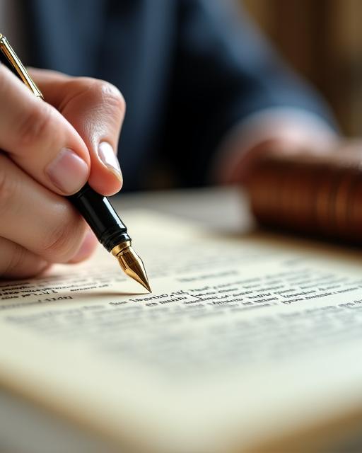 Close-up of legal professionals reviewing documents with a fountain pen